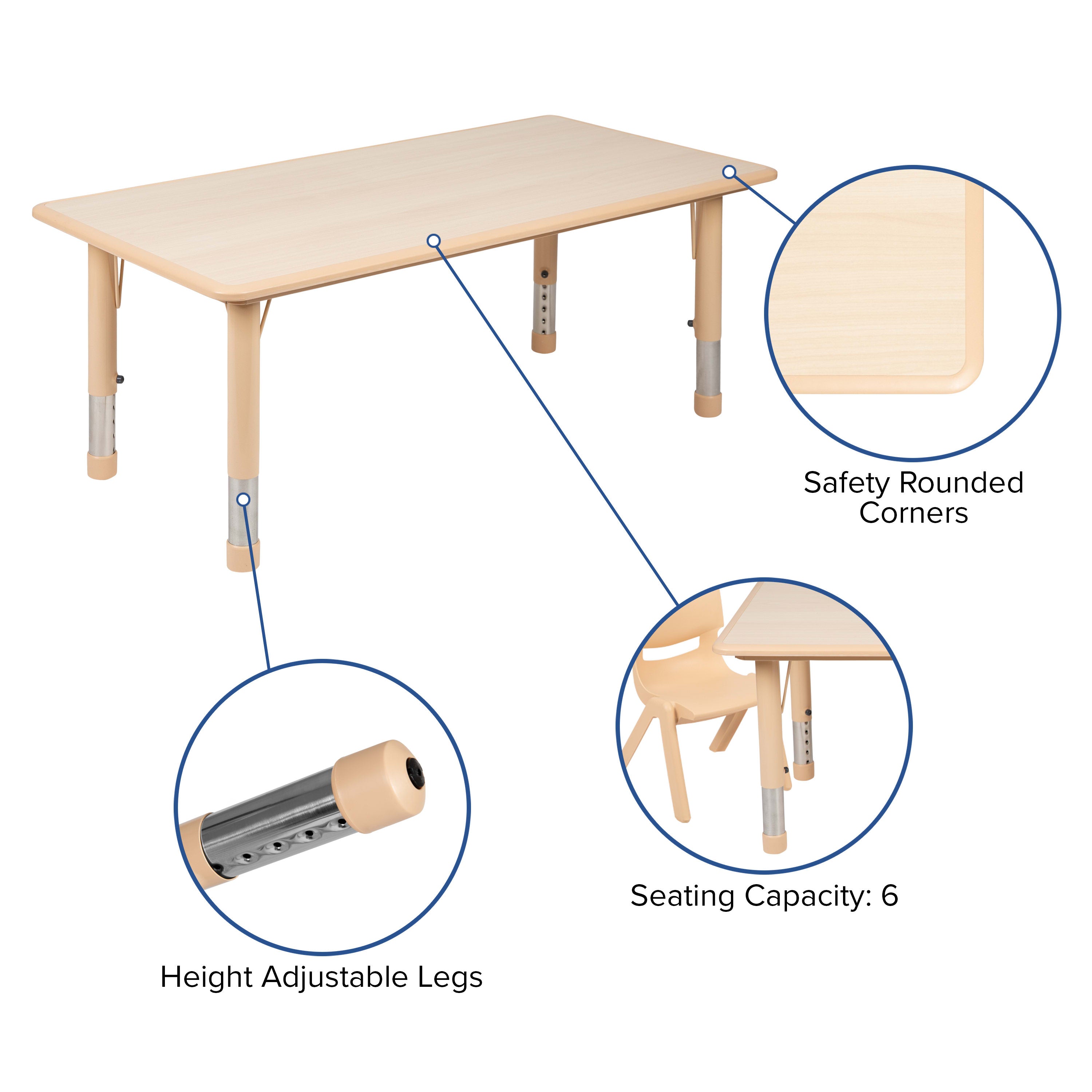 FLASH 47.25" Rectangular Adjustable Activity Table Set 7 Piece