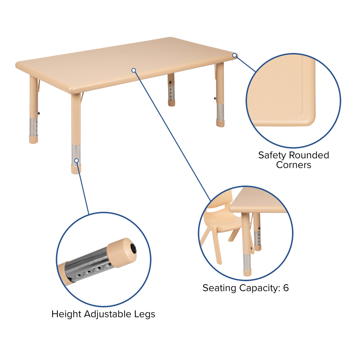 FLASH 24" x 48" Rectangular Adjustable Activity Table Set 7 Piece