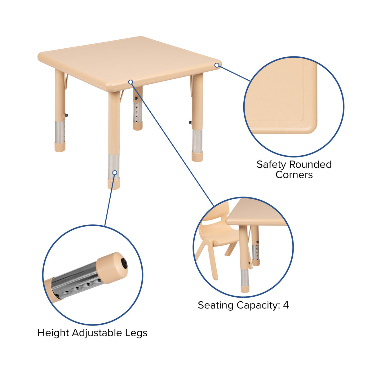 FLASH 24" Square Adjustable Activity Table Set 3 Piece