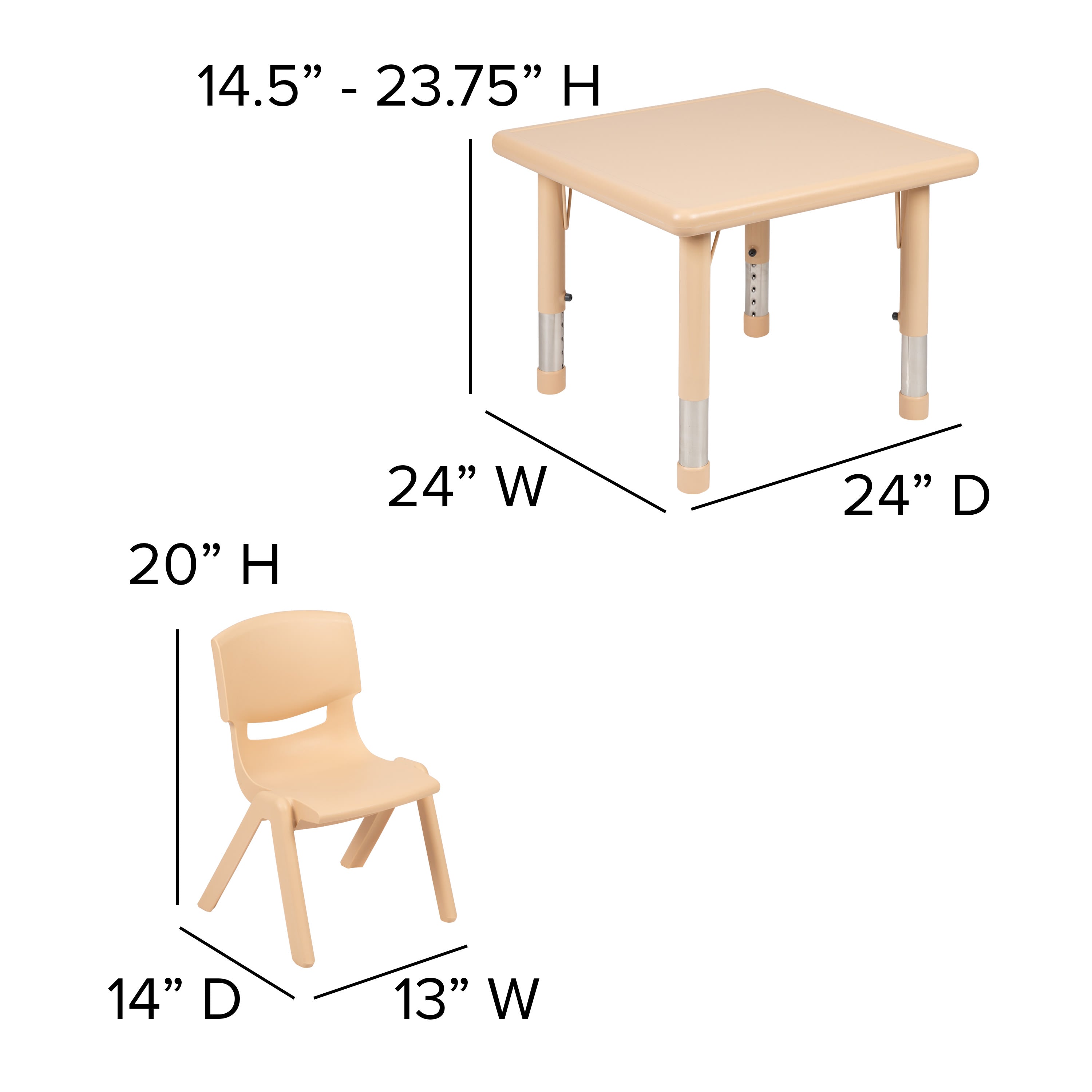 FLASH 24" Square Adjustable Activity Table Set 3 Piece