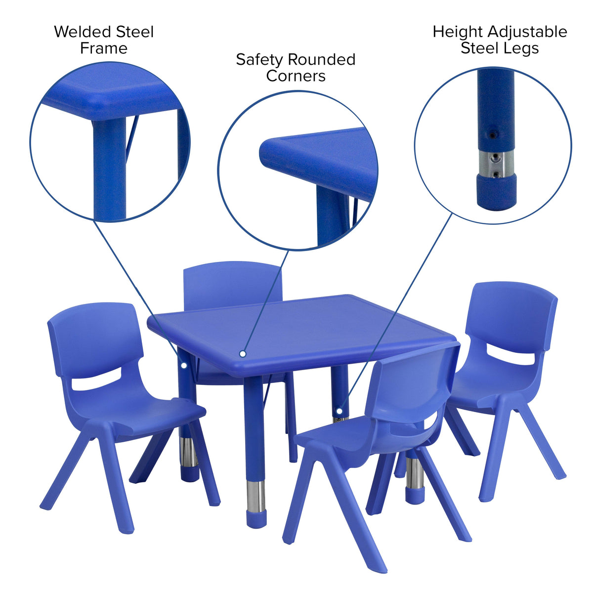 FLASH 24" Square Plastic Height Adjustable Activity Table Set 5 Piece