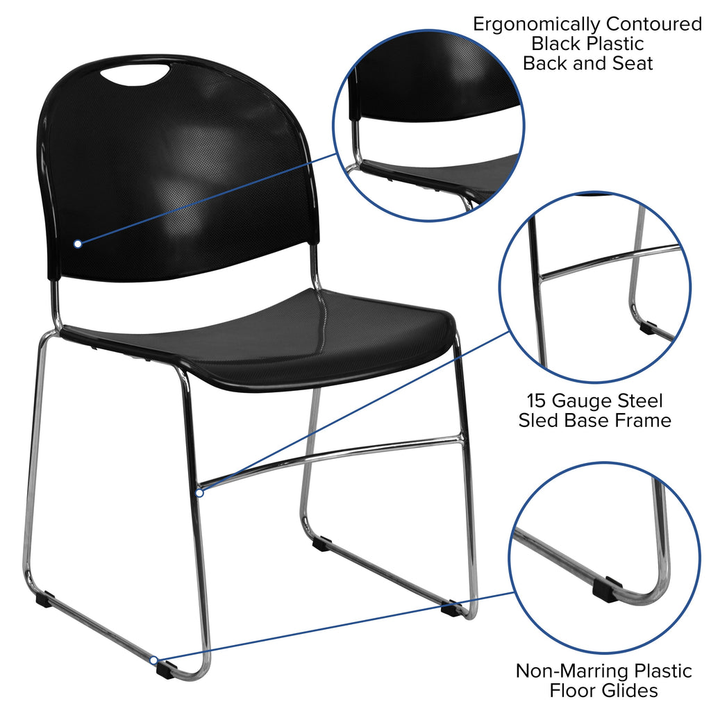 Flash Hercules Series 880 lb Capacity Ultra-Compact Stack Chair Metal Frame Black