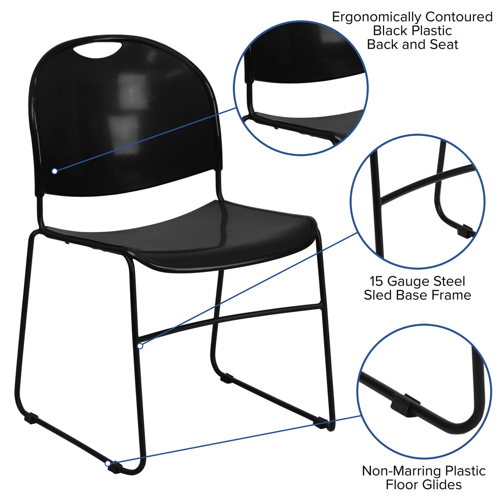 Flash Hercules Series 880 lb Capacity Ultra-Compact Stack Chair Metal Frame Black