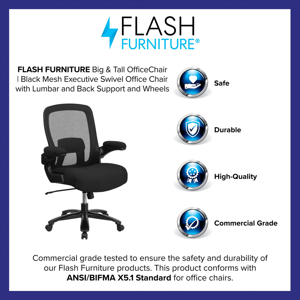 FLASH Hercules Series Big & Tall Mesh Executive Swivel Ergonomic Office Chair 500 lb Black LeatherSoft
