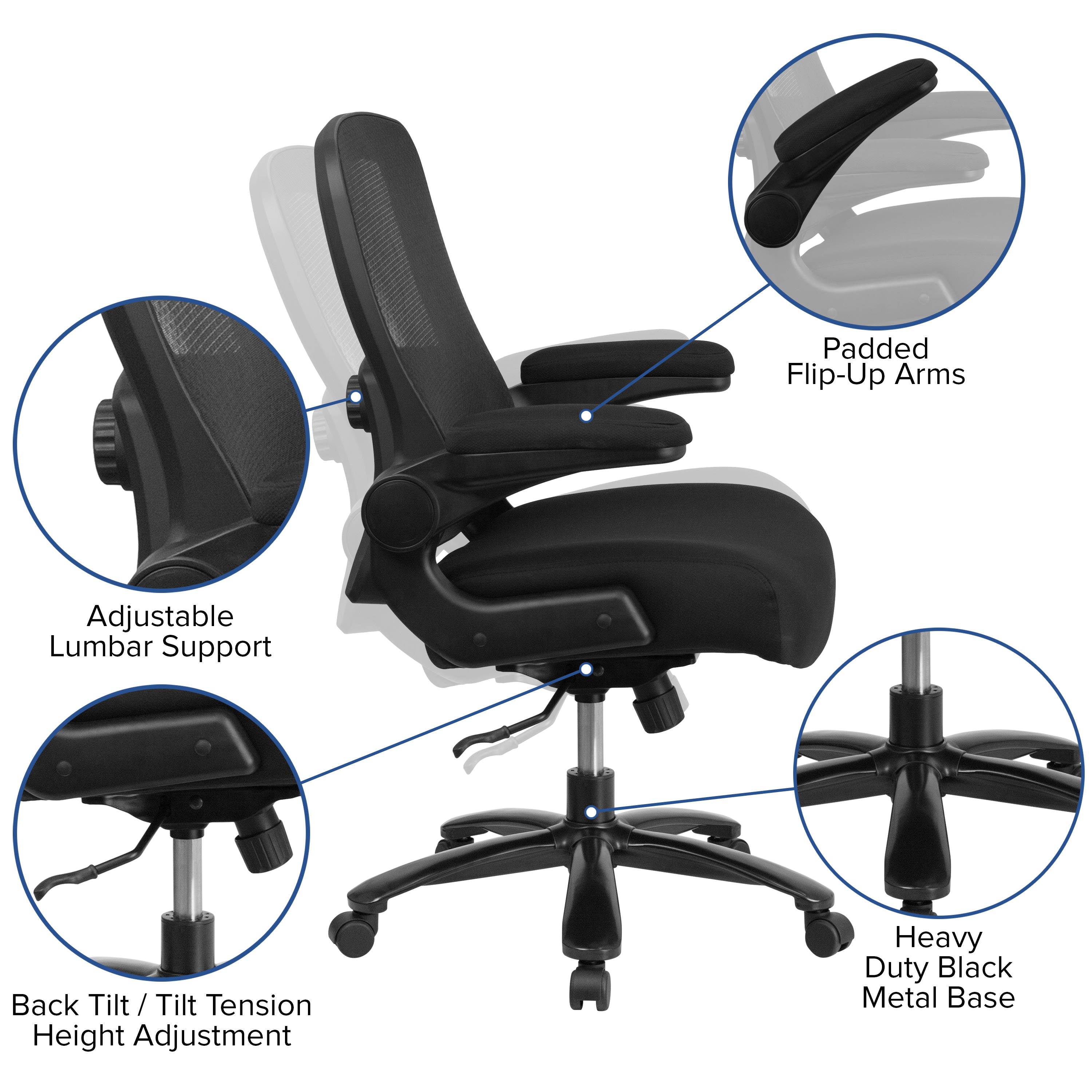 FLASH Hercules Series Big & Tall Mesh Executive Swivel Ergonomic Office Chair 500 lb Black LeatherSoft
