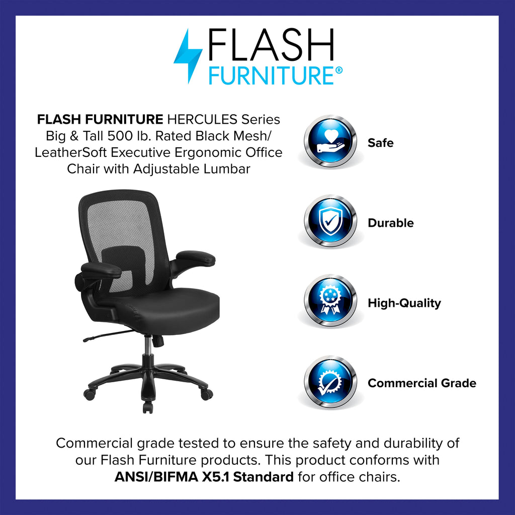 FLASH Hercules Series Big & Tall Mesh Executive Swivel Ergonomic Office Chair 500 lb Black LeatherSoft