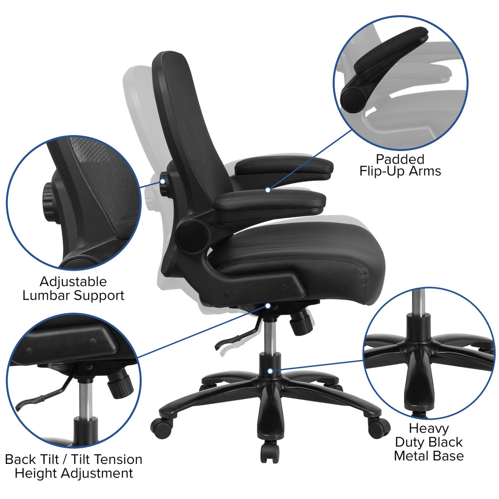 FLASH Hercules Series Big & Tall Mesh Executive Swivel Ergonomic Office Chair 500 lb Black LeatherSoft