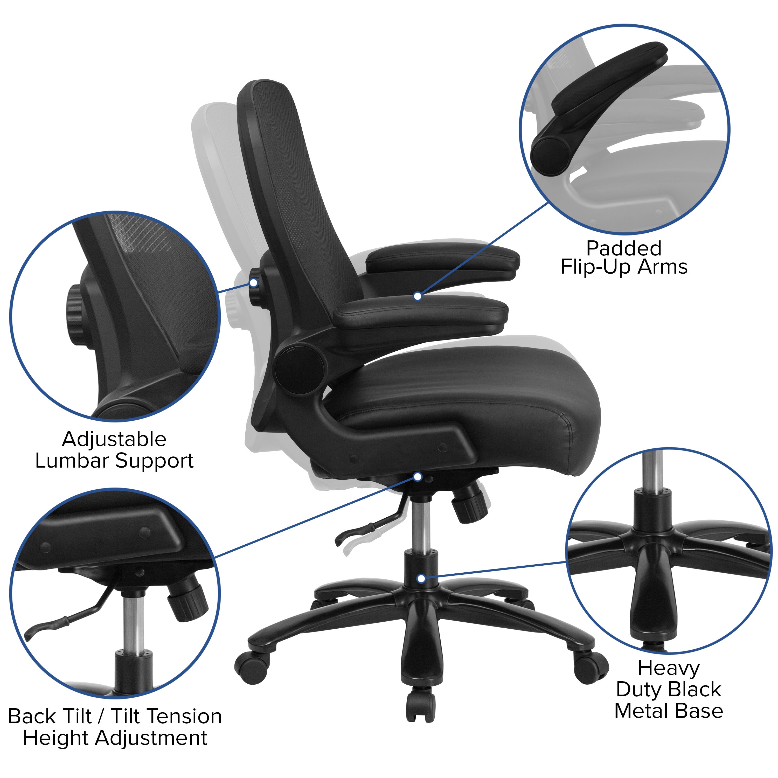 FLASH Hercules Series Big & Tall Mesh Executive Swivel Ergonomic Office Chair 500 lb Black LeatherSoft